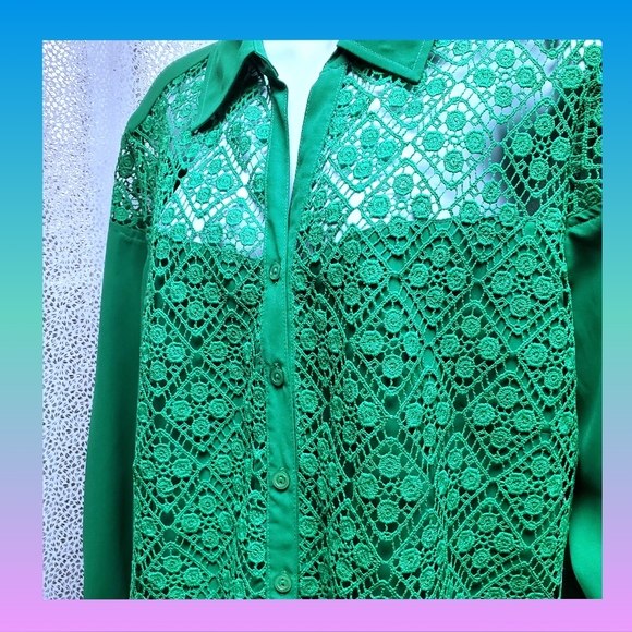 Vintage  Mint Green Lace Overlay Button Down Blouse - Picture 3 of 13